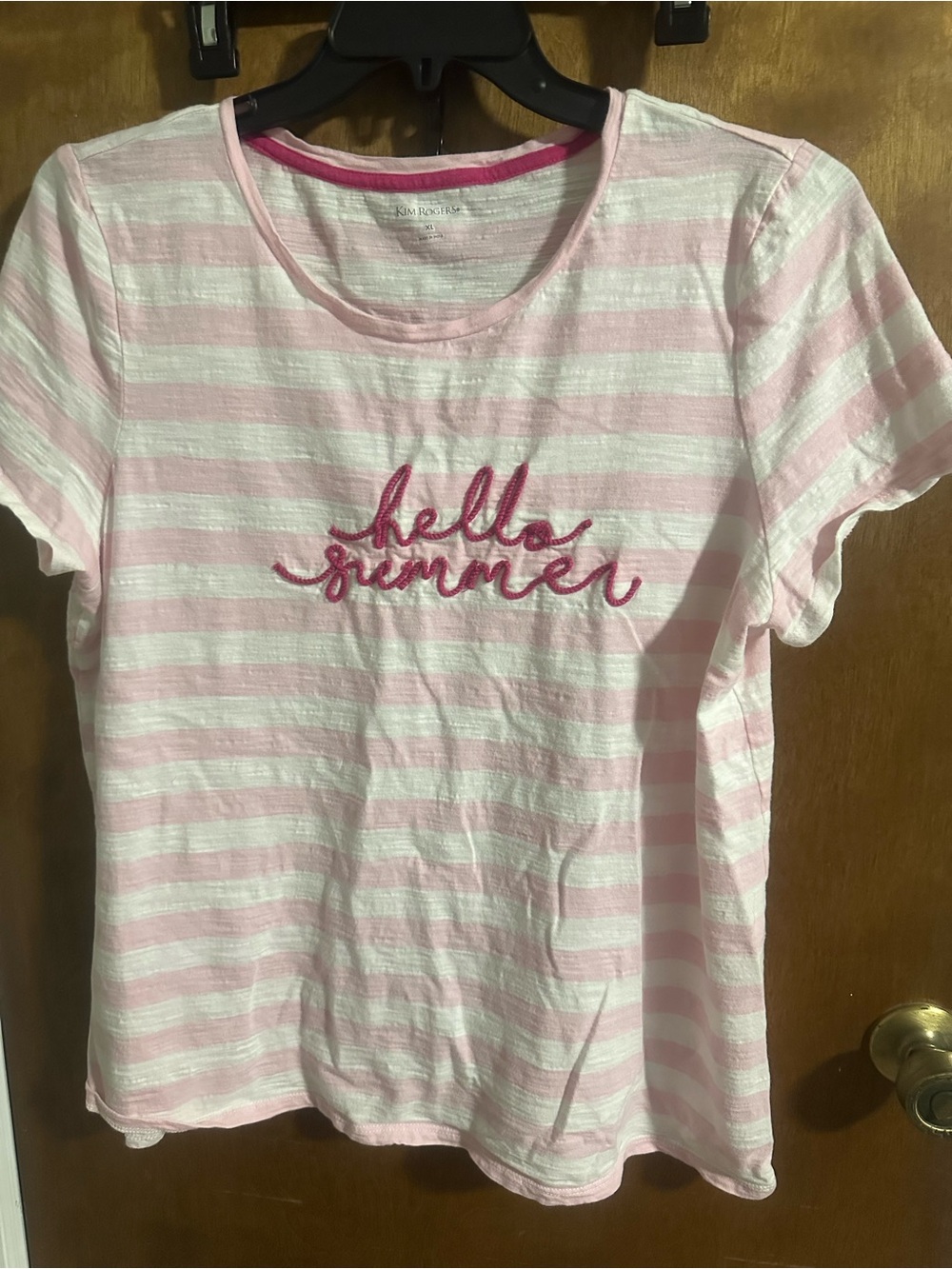 Kim Rogers Pink & White Striped Tee with Hot Pink Script